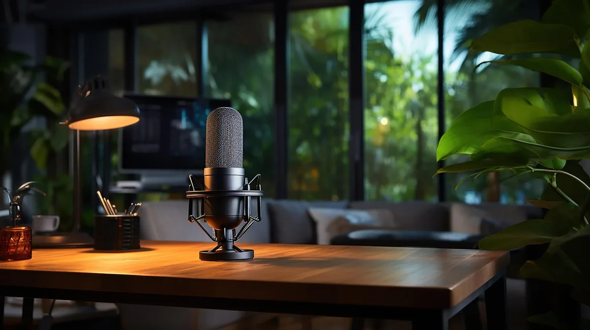 Studio de radio avec micro et casque évoquant une interview